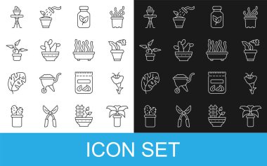 Set line Exotic tropical plant in pot, Flower, Fertilizer bottle, Cactus peyote, Plant, on table and  icon. Vector