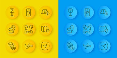 Set line Route location, World globe with compass, Infographic of city map navigation, Folded marker, Parking, Toll road traffic sign and City icon. Vector