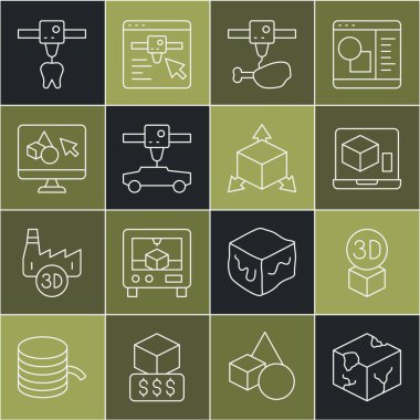 Set line Isometric cube, 3D printer, chicken leg, car, software, tooth and  icon. Vector