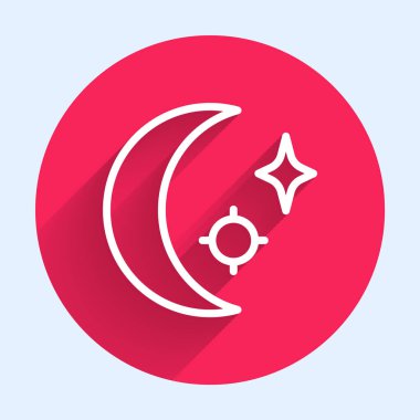 Beyaz çizgi Ay ve yıldız ikonu uzun gölge arkaplan izole. Bulutlu gece işareti. Uyku rüyalarının sembolü. Dolunay. Gece ya da yatak zamanı tabelası. Kırmızı daire düğmesi. Vektör