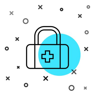 Siyah çizgi ilk yardım çantası simgesi beyaz arkaplanda izole edildi. Haçlı sağlık kutusu. Acil durumlar için tıbbi ekipman. Sağlık sigortası konsepti. Rastgele dinamik şekiller. Vektör