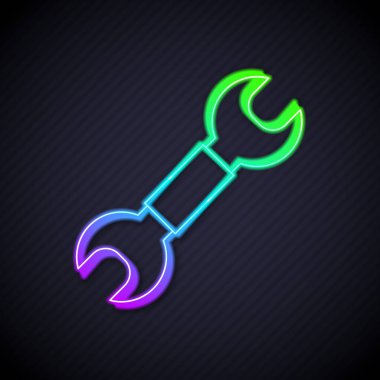 Parlayan neon çizgi anahtarı simgesi siyah arkaplanda izole edildi. Anahtar tamir aleti. Servis aracı sembolü. Vektör