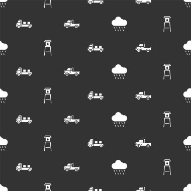Set Cloud with rain, Water tower, Pickup truck and  on seamless pattern. Vector