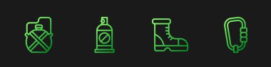 Set line Hunter boots, Canteen water bottle, Spray against insects and Carabiner. Gradient color icons. Vector