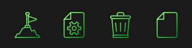 Set line Trash can, Mountains with flag on top, Document settings and File document. Gradient color icons. Vector