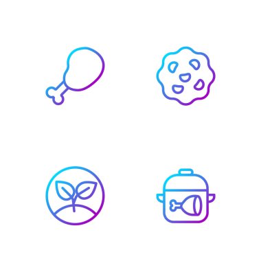 Set line Cooking pot and chicken leg, Sprout, Chicken and Cookie or biscuit. Gradient color icons. Vector