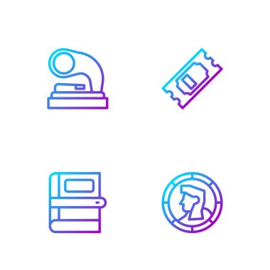 Set line Ancient coin, Book, Old gramophone and Cinema ticket. Gradient color icons. Vector
