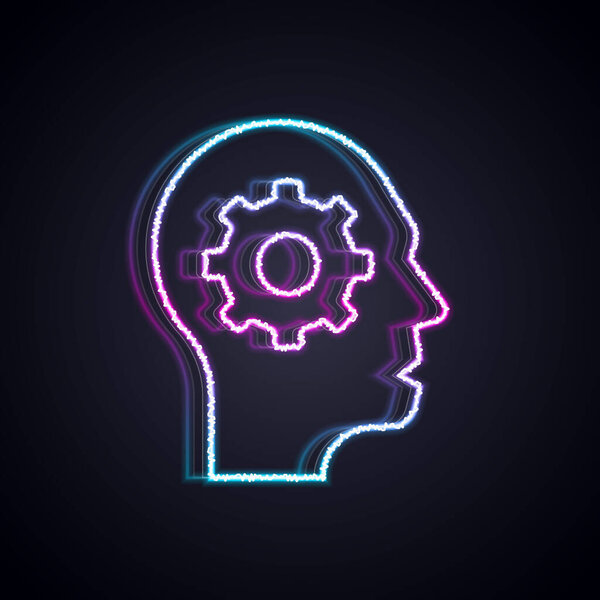 Светящаяся неоновая линия Голова человека с шестеренками внутри иконки изолированы на черном фоне. Искусственный интеллект. Мыслящий мозг. Символическая работа мозга. Вектор.