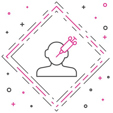 Uyuşturucu ikonuna olan çizgi bağımlılığı beyaz arka planda izole edildi. Eroin, uyuşturucu, bağımlılık, yasadışı. Elinde şırınga ve ilaç olan hasta bir keş. Renkli taslak konsepti. Vektör