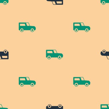 Yeşil ve siyah araba ikonu, bej arka planda pürüzsüz desen izole etti. Vektör