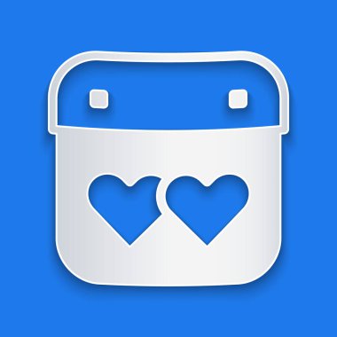 Kağıt kesiği Takvim mavi arka planda kalp ikonu ile izole. Sevgililer Günü. Aşk sembolü. 14 Şubat. Kağıt sanatı tarzı. Vektör