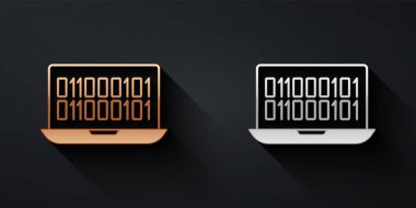 Altın ve gümüş ikili kod simgesi siyah arkaplanda izole edildi. Uzun gölge tarzı. Vektör