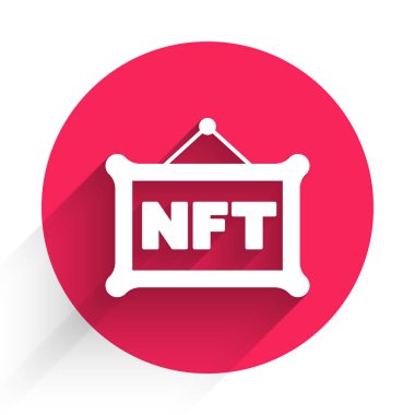 Beyaz NFT dijital kripto resim simgesi uzun gölge arkaplan izole. Para iadesi olmayan jeton. Kırmızı daire düğmesi. Vektör