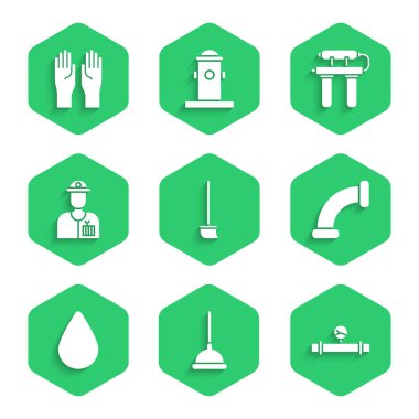 Set Mop, Rubber plunger, Industry pipe and manometer, metallic, Water drop, Plumber, filter and gloves icon. Vector