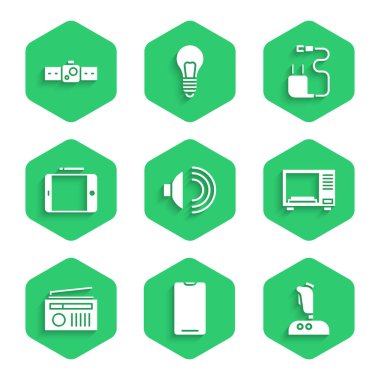 Set Speaker volume, Smartphone, mobile phone, Joystick for arcade machine, Microwave oven, Radio with antenna, Graphic tablet, Charger and Smartwatch icon. Vector