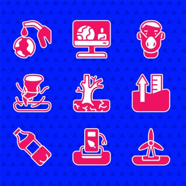 Set Withered tree, Petrol or gas station, Wind turbine, Rise water level, Bottle of, Tornado, Face protective mask and Gas pump nozzle and globe icon. Vector