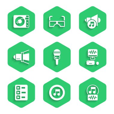 Set Microphone, Music note, tone, recording studio, playlist, Movie spotlight, Speaker volume and Vinyl player with vinyl disk icon. Vector