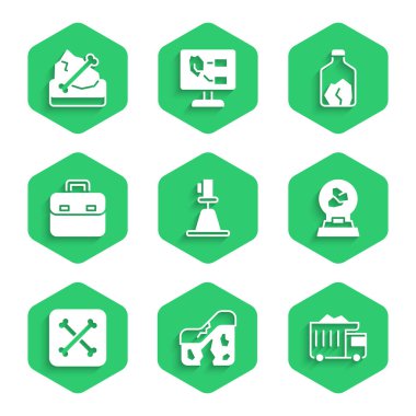 Set Tacheometer, theodolite, Geological fault, Mining dump truck, Exhibition with minerals, rocks, Archeology, Briefcase, Ore mining and  icon. Vector