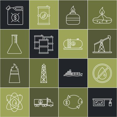 Set line Gas filling station, No oil drop, Oil pump or pump jack, Alcohol spirit burner, Barrel, petrol test tube, Canister for motor machine and industrial factory building icon. Vector