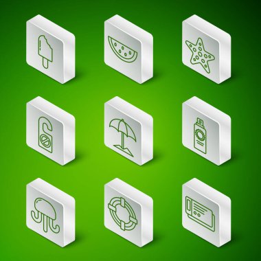 Set line Travel ticket, Lifebuoy, Ice cream, Sun protective umbrella for beach, Please do not disturb, Watermelon, Jellyfish and Sunscreen spray bottle icon. Vector