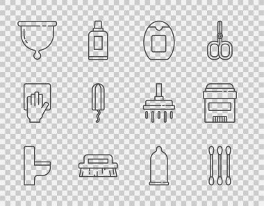 Set line Toilet bowl, Cotton swab for ears, Bottle of shampoo, Brush cleaning, Menstrual cup, Sanitary tampon, Condom and Antiperspirant deodorant roll icon. Vector