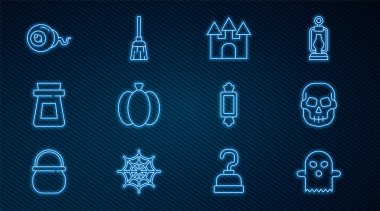 Set line Ghost, Skull, Castle, Pumpkin, Bottle with potion, Eye, Candy and Witches broom icon. Vector