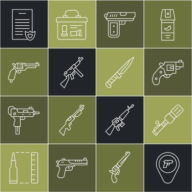Set line Location with weapon, Anti-tank hand grenade, Small gun revolver, Pistol or, Tommy, Revolver, Firearms license certificate and Military knife icon. Vector