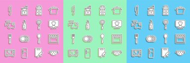 Set line Kitchen colander, Oven, Chef hat with location, Grater, Bottle of olive oil, meat grinder, Knife and Spatula icon. Vector