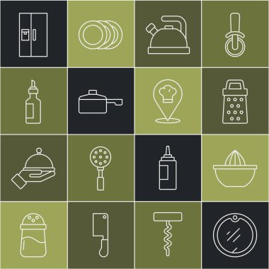 Set line Cutting board, Citrus fruit juicer, Grater, Kettle with handle, Frying pan, Bottle of olive oil, Refrigerator and Chef hat location icon. Vector