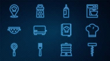 Set line Wine corkscrew, Chef hat, Sauce bottle, Toaster, Kitchen colander, with location, Cookbook and Grater icon. Vector