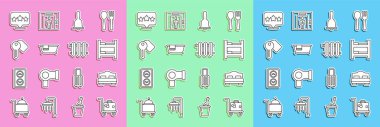 Set line Suitcase, Hotel room bed, service bell, Bathtub, door lock key, Five stars rating review and Heating radiator icon. Vector
