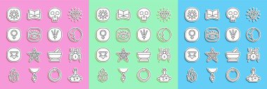 Set line Poison in bottle, Spider, Moon, Skull, Masons, Venus, Pentagram circle and Neptune planet icon. Vector