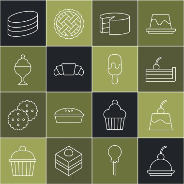 Set line Cherry cheesecake, Pudding custard, Cake, Croissant, Ice cream bowl, Brownie chocolate and  icon. Vector