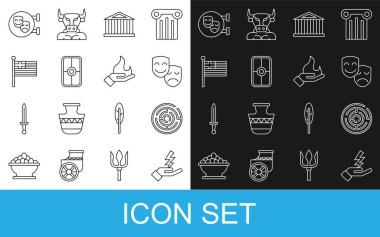 Set line Zeus, Minotaur labyrinth, Comedy and tragedy masks, Parthenon, Greek shield, Greece national flag,  and Hand holding fire icon. Vector