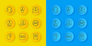 Set line Information, Head with question mark, User manual, Telephone 24 hours support, Headphones, Envelope and  icon. Vector