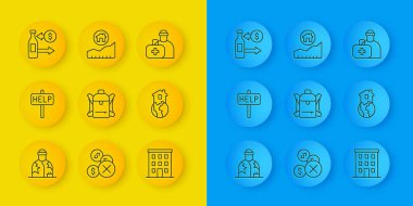 Set line Homeless, Ask for help text, Hiking backpack, Multi storey building, Shelter homeless, Reception of glass bottles, First aid kit and Rising cost housing icon. Vector