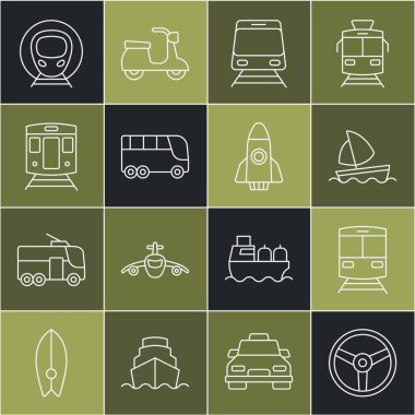 Set line Steering wheel, Train and railway, Yacht sailboat, Bus,  and Rocket ship icon. Vector