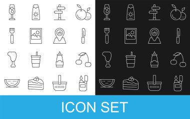 Set line Lighter, Cherry, Knife, Road traffic sign, Photo frame, Fork, Wine glass and Picnic location icon. Vector