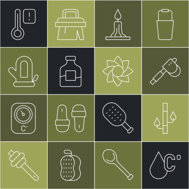 Set line Water temperature, Bamboo, Wooden axe, Burning candle, Bottle of vodka, Sauna mitten, thermometer and Flower icon. Vector