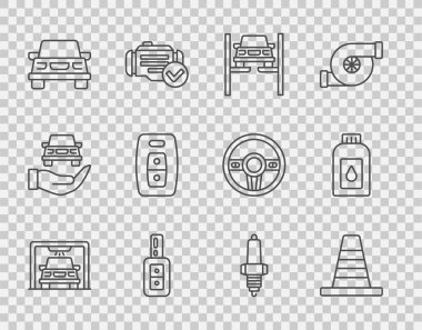 Set line Car wash, Traffic cone, Repair car lift, key with remote, spark plug and Canister for motor machine oil icon. Vector