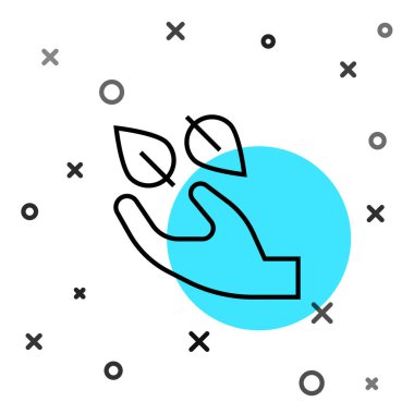 Black line Tea leaf in hand icon isolated on white background. Tea leaves. Random dynamic shapes. Vector.