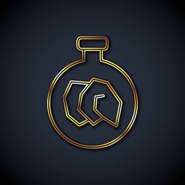 Siyah zemin üzerinde çeşitli mineraller, kayalar ve kristaller bulunan altın çizgi sergisi. Mineraller sergisi, mineraloji, jeoloji fuarı veya müze. Vektör.