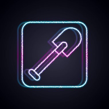 Parlayan neon hattı kürek simgesi siyah arkaplanda izole edildi. Bahçe aletleri. Bahçecilik, tarım, çiftçilik aleti. Vektör.