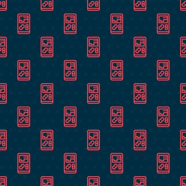 Kırmızı çizgi taşınabilir video oyun konsolu simgesi siyah arkaplanda izole edilmiş pürüzsüz desen. El bilgisayarı oyun konsolu. Vektör.