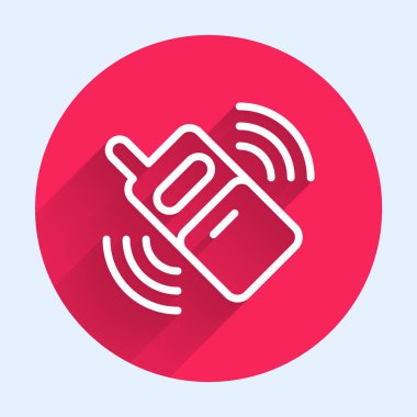 Beyaz çizgi Akıllı Telefon, cep telefonu simgesi uzun gölge arkaplan izole. Kırmızı daire düğmesi. Vektör.