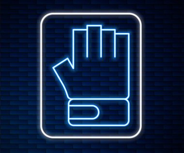 Parlayan neon hattı MMA eldiven simgesi tuğla duvar arka planında izole edildi. Aksesuar dövüşçüleri. Savaşçı eldivenleri. Vektör.