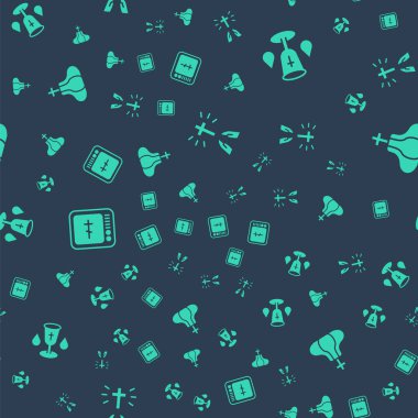 Set Hands in praying position, Christian chalice, Online church pastor preaching and Church tower on seamless pattern. Vector.