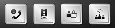 Set Incoming call on mobile, , BFF or best friends forever and Project team base icon. Silver square button. Vector.