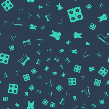 Set Dog pill bone and Pet cat toy on seamless pattern. Vector.