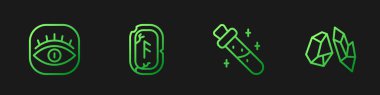 Set line Bottle with potion, Masons, Magic runes and stone. Gradient color icons. Vector.